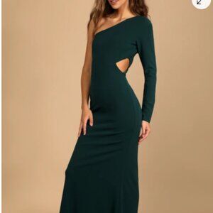 Lulu's Wondrous Romance Dark Green One Shoulder Mermaid Maxi Dress
